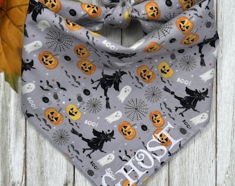 Personalized Embroidered Boo! Witches Dog Bandana, Halloween Fall Pumpkins Ghosts Bats Puppy Scarf, Gift For Pets