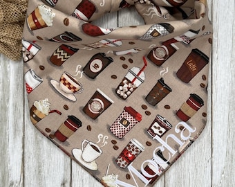 Personalized Embroidered Coffee On Tan Dog Bandana, Espresso & Latte Puppy Scarf, Gift For Pets