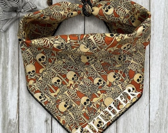 Personalized Embroidered Bone Dance Halloween Skeletons Dog Bandana, Scary Fall Puppy Scarf, Gift For Pets