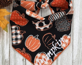 Personalized Embroidered Patterned Pumpkin Dog Bandana, Halloween Fall Harvest Puppy Scarf, Gift For Pets