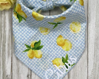 Personalized Embroidered Lemons On Blue Gingham Dog Bandana, Summer Citrus Fruit Puppy Scarf, Gift For Pets