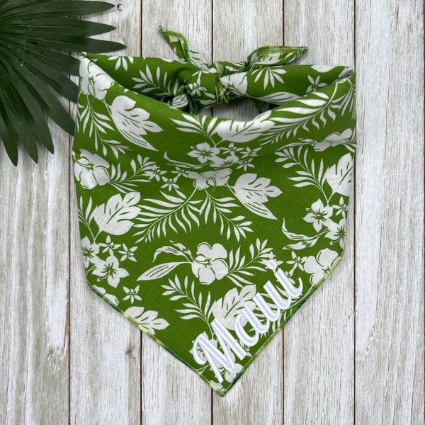 Personalized Embroidered Hawaiian Floral Green Dog Bandana, Tropical Hibiscus Flower Puppy Scarf, Gift For Pets