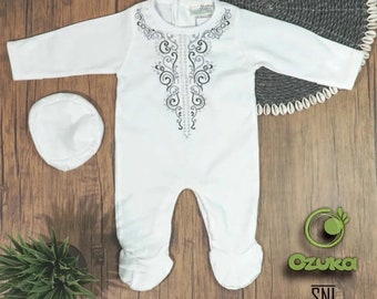 Embroidered Muslim baby boy romper set | Newborn Islamic white footie outfit | Eid cap.