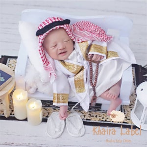 ASYKAR Ensembles abaya bébé garçon, 0-5 ans ensembles robe arabe bébé garçon foulard image 4