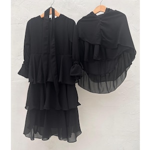 FAIRUZ BLACK ベビーガール ヒジャブセット | ベビーアバヤ ヒジャブセット | 0～3歳 イスラム教徒 ベビードレスセット ヒジャブ