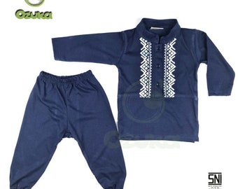 Baby boy navy Muslim set | Newborn Islamic kurta outfit | Cute Eid prayer pants gift.