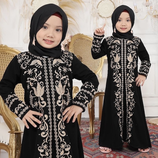 1227 Black baby girl abaya set pashmina, Saudi baby girl abaya sets, Umrah baby girl abaya set