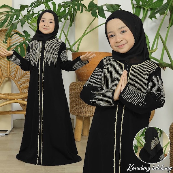 GOLD ZYVA Black baby girl abaya set pashmina, Saudi baby girl abaya sets, Umrah baby girl abaya set