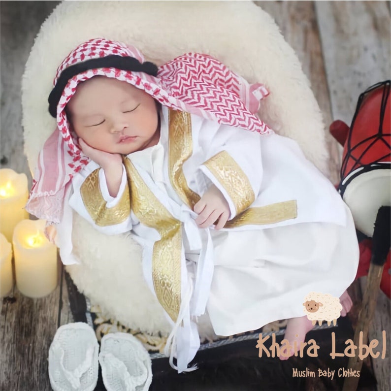 ASYKAR Ensembles abaya bébé garçon, 0-5 ans ensembles robe arabe bébé garçon foulard image 5