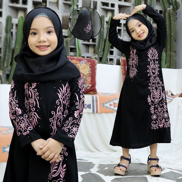 PINK MANAL Black baby girl abaya set pashmina, Saudi baby girl abaya sets, Umrah baby girl abaya set