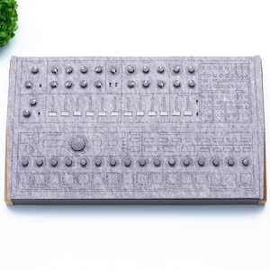 Peut inclure: Un synthétiseur gris avec de nombreux boutons, curseurs et boutons, présenté dans une boîte rectangulaire. L'appareil a une surface texturée et une disposition détaillée. Une petite plante verte est dans le coin supérieur gauche. La mention de copyright "WaveTable 2024" est en bas à droite.