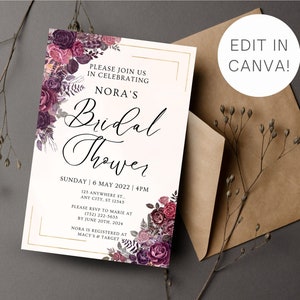 EDITABLE [Digital] Printable Jewel Tone Floral Evite - Dark Purple Floral Bridal Shower Invitation - Edit in Canva - INSTANT DOWNLOAD