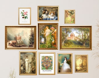May include: A wall gallery of framed artwork featuring a variety of subjects, including a floral still life, a castle landscape, a pair of kittens, a woman in a garden, and a woman in a dress. The frames are all gold and have a classic design.
