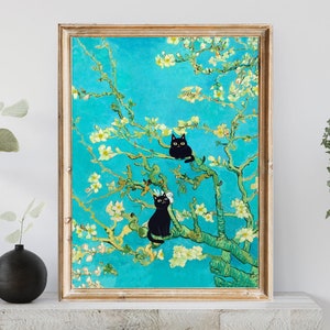 Lámina de gato "Almendro en flor" de Van Gogh, póster de gato, lámina de gato negro adorable, póster de gato de Vincent Van Gogh, arte divertido de gatos, arte mural imprimible