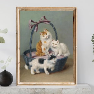 Vintage Kittens Painting: Three Cats in Basket, Printable Wall Art (Digital Download)
