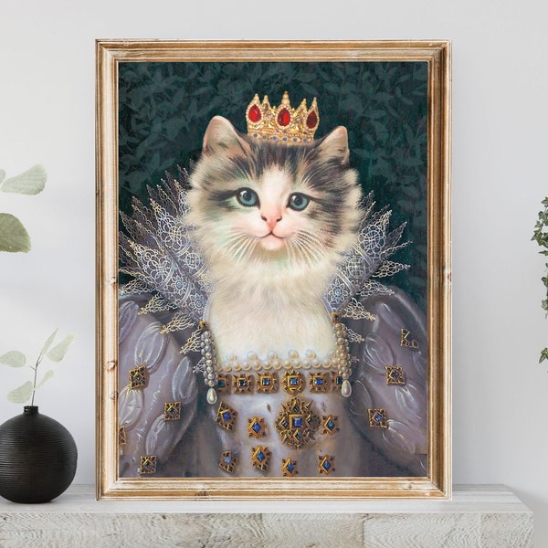 The Cat Princess, Royal Cat Portrait, Cat Poster, Funny Cat Wall Art, Cat Lover Prints, Vintage Cat Paintings, Cat print, Cat Decor