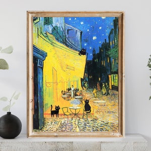 夜のフィンセント・ファン・ゴッホのカフェテラスにいる3匹の黒猫、黒猫のポスター、猫のポスター、面白い猫のアート、猫のプリント、印刷可能な壁アート
