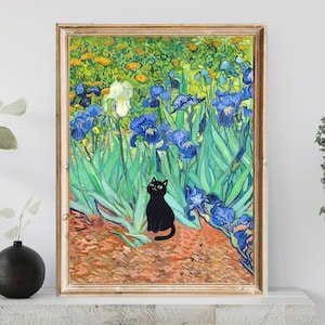 Van Gogh Irises Cat Art Print: Funny Black Cat Poster (Digital Download)