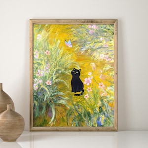 Monet Black Cat Art Print: Irises Garden, Funny Cat Poster (Digital Download)