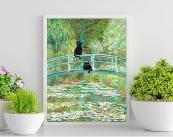 Monet&#39;s Water Lily Pond with Cats Art Print (Digital Download)