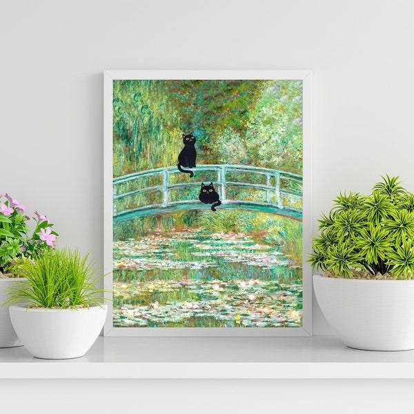 Monet's The Water Lily Pond Bridge with the Cats, Cat Poster, Cute Black Cat Print, Claude Monet Cat Poster, Funny Cat, Digital Download