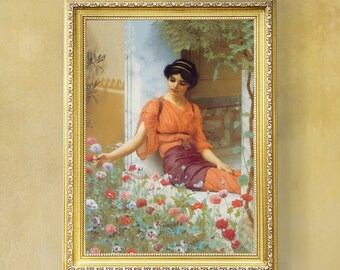 Flores de verano, retrato de mujer vintage, pintura romántica de jardín, impresiones artísticas de descarga digital