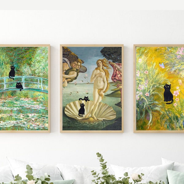 Black Cat Gallery of set 3, Claude Monet Irises Garden, Lily Pond Bridge, Botticelli Venus, Cat Posters, Funny Cat Art, Digital Download