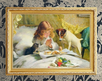 Vintage Girl with Dog and Cat Painting by Charles Barber (Digital Download)