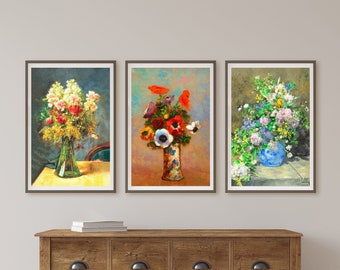 Flowers in the Vases, Gallery Wall, Set of 3, Still Life Painting | Vintage Floral in Vase | French Antique Art Prints, Digital Download