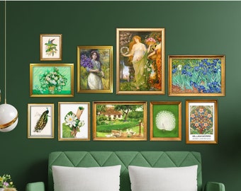 Green Gallery Wall Set of 10, Vintage Eclectic Printable Wall Art, Green Art Decor, Digital Download