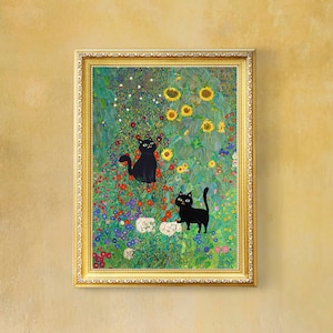 Klimt Garden Cat Print: Two Black Kittens, Vintage Art (Digital Download)
