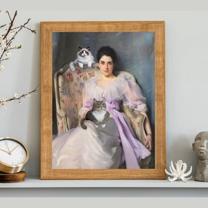 Lady in Mauve with her Cats, Vintage Cat Lady, Cat Lovers Gift, Antique Woman Portrait, Digital Download