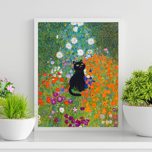 Gustav Klimt Cat Print, Cottage Garden with Black Cat, Gustav Klimt Cat Poster, Cat Poster, Funny Cat Art, Cat print, Wall Art