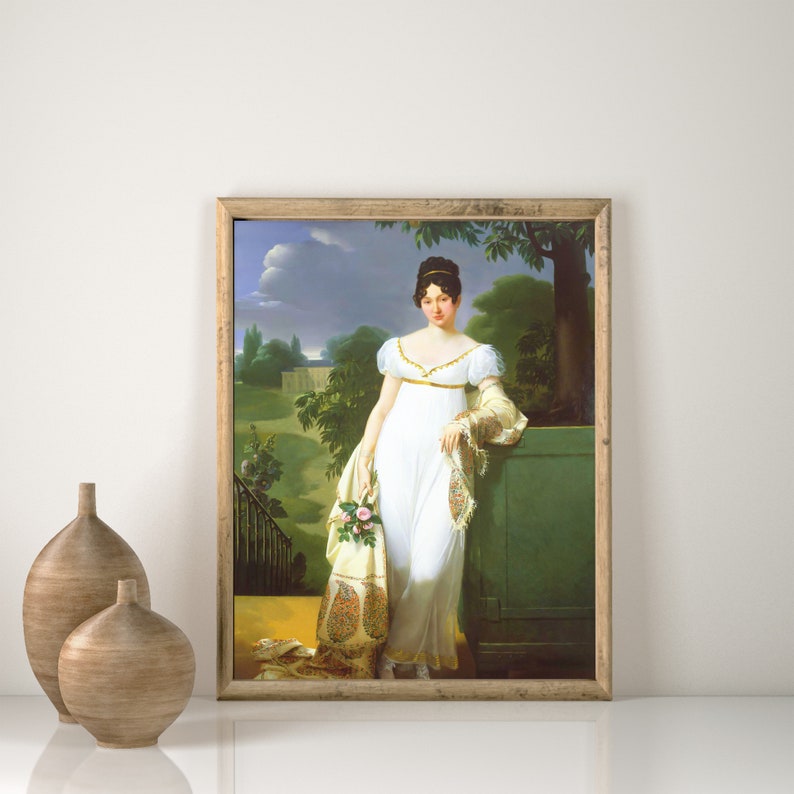 May include: A framed painting of a woman in a white dress standing in a garden setting. She is holding a bouquet of flowers and is wearing a shawl. The painting is set against a backdrop of trees and a cloudy sky.