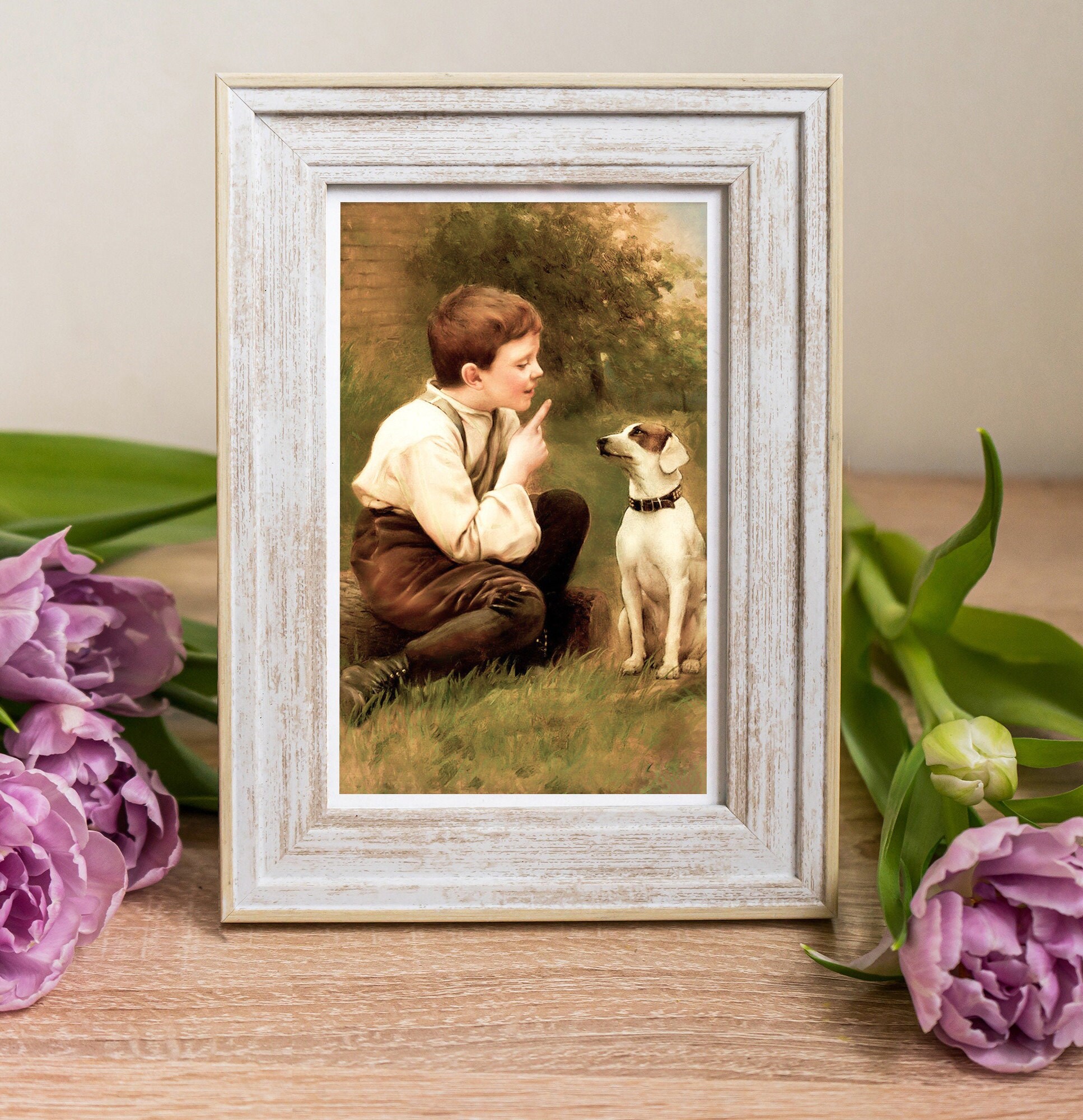Vintage Boy and Dog Painting: 19th Century Art Print (digital