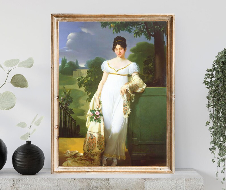 May include: A painting of a woman in a white dress with a floral shawl. She is standing in a garden setting with a green wall behind her.