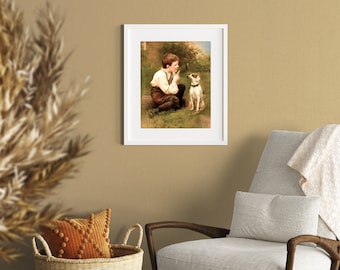 19世紀　版画　少年とハウンドドッグ Vintage Boy and Dog Painting: 19th Century Art Print (digital
