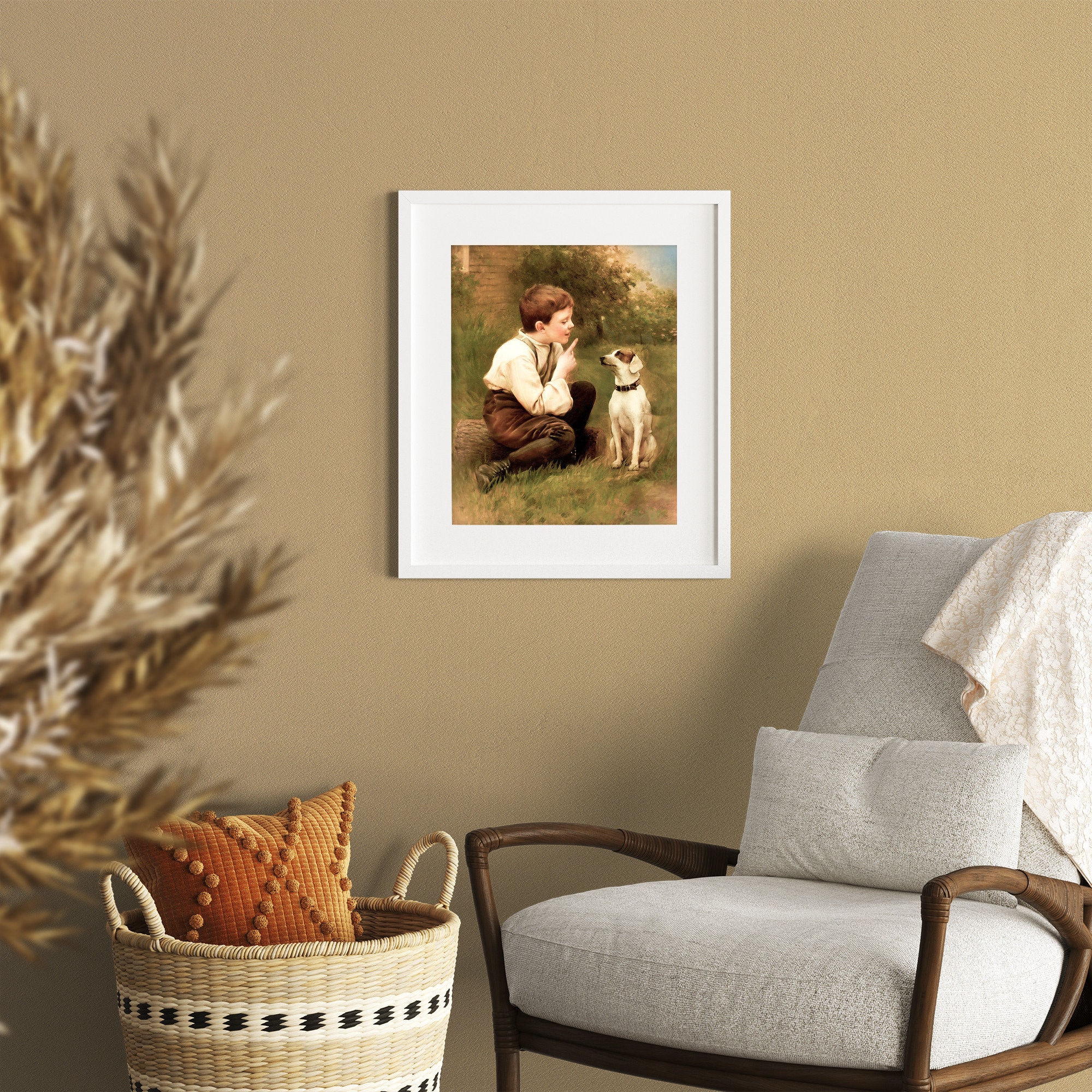 Vintage Boy and Dog Painting: 19th Century Art Print (digital