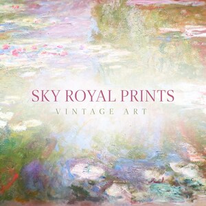 May include: A vintage art print featuring a painting of water lilies in shades of green, blue, and pink. The print has the text "SKY ROYAL PRINTS VINTAGE ART" at the bottom.