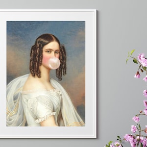 Princesse chewing-gum, impression d'art modifiée, peintures d'art victorien, peinture vintage drôle, portraits drôles, art mural imprimable numérique