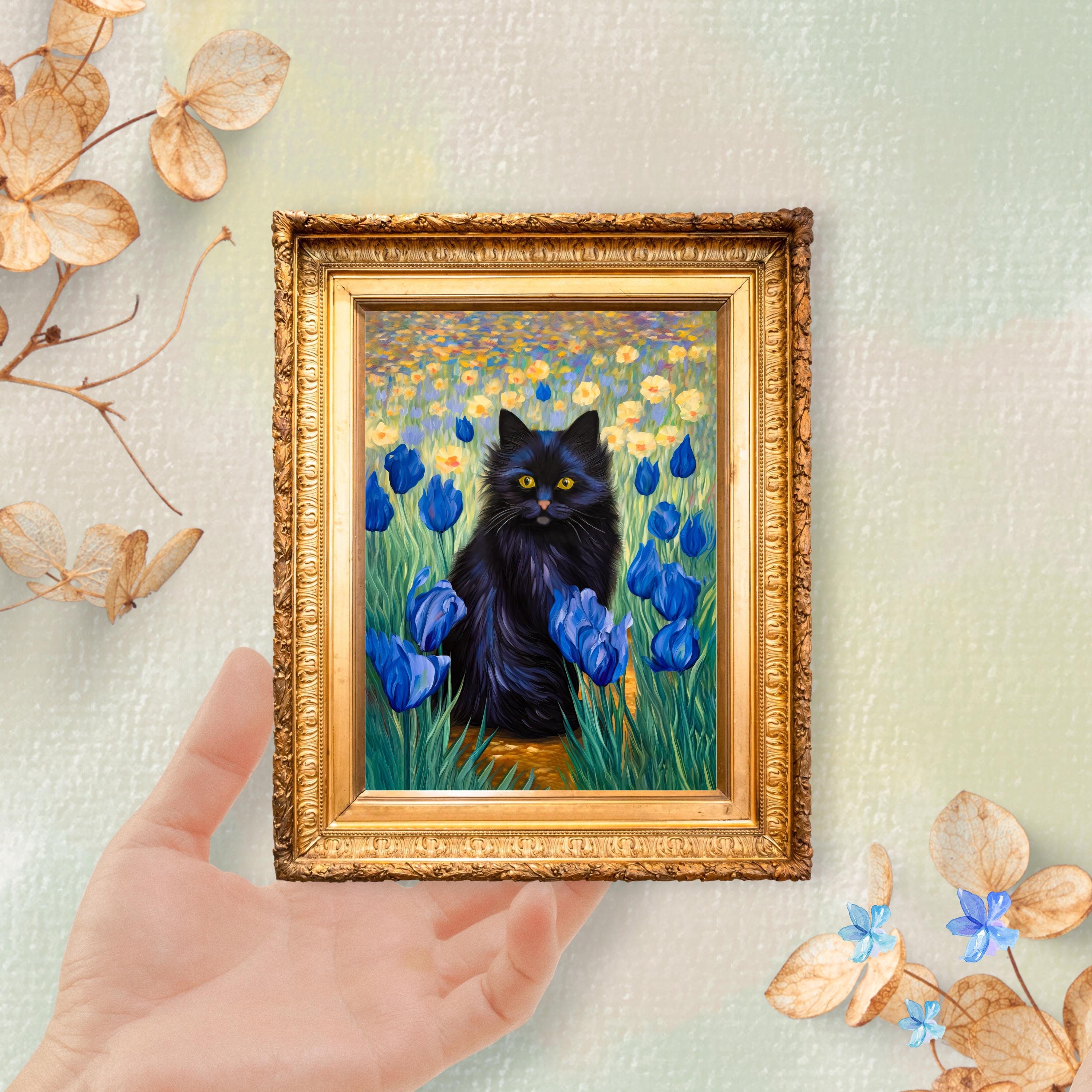 Black Cat Iris Garden Art Print: Miniature Cat Lover Gift,Mini Painting (Unframed Print)
