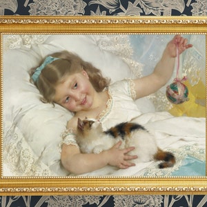Little Girl Paying with her Cat, Cat Paintings, French Vintage Wall Art, Vintage Downloadable Art, Digital Download Print