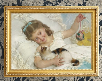 French Vintage Cat Painting: Little Girl with Kitten (Digital Download)