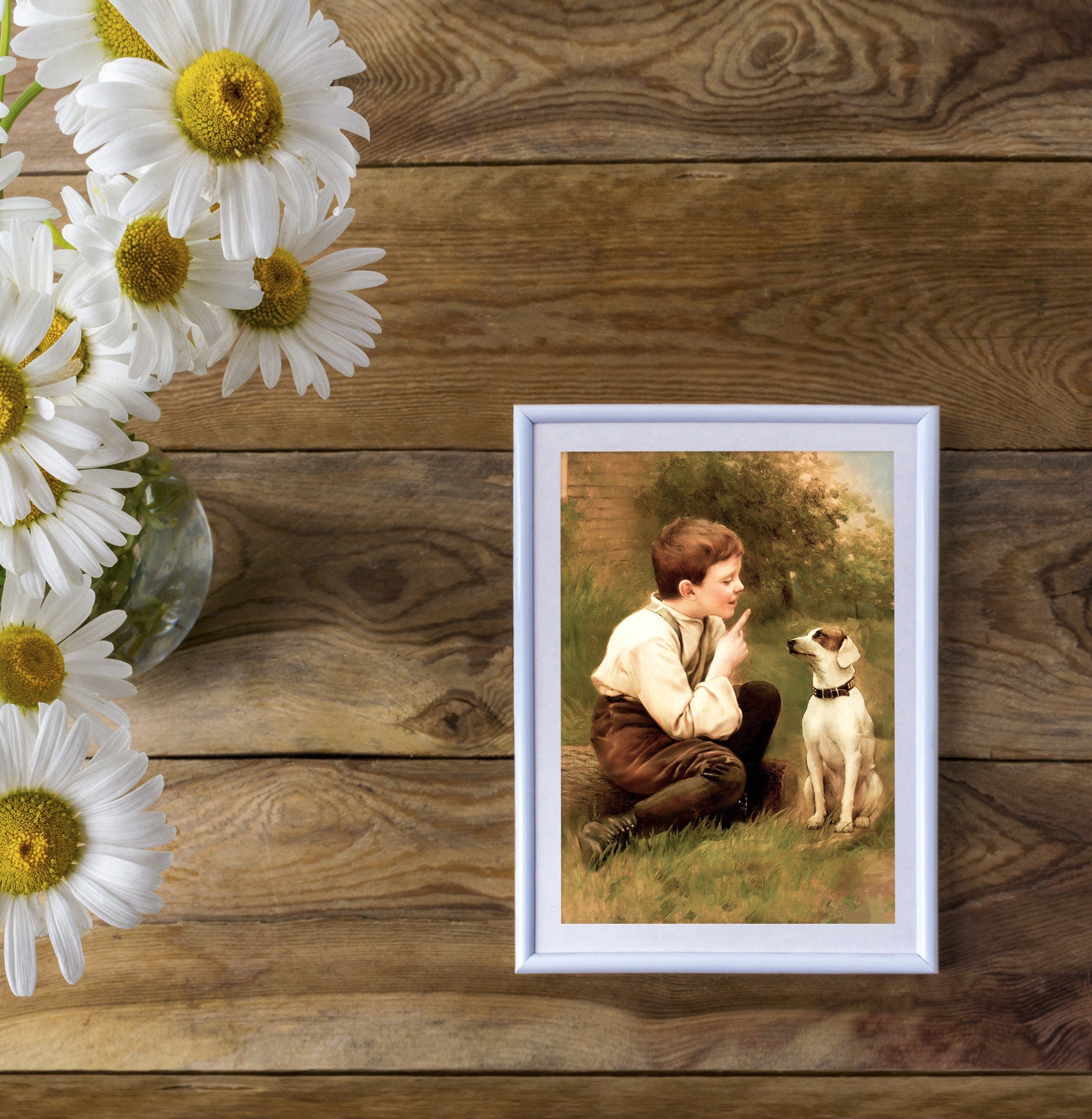Vintage Boy and Dog Painting: 19th Century Art Print (digital