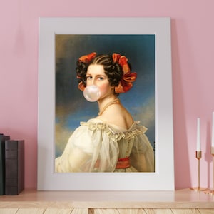 Portrait de femme chewing-gum, impression d'art modifiée, peintures d'art victorien, peinture vintage drôle, portraits drôles, art mural imprimable numérique