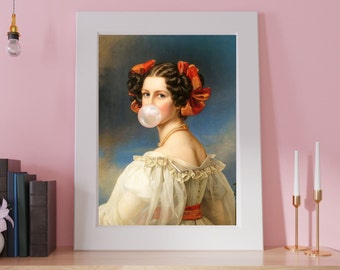Bubble Gum Lady Art Print, Altered Vintage Portrait, Urban
