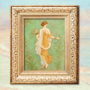 May include: A framed painting depicting a figure from behind, wearing a flowing yellow and white garment, walking through a light green field with small white flowers. The figure holds a cornucopia. The frame is ornate, gold, and rectangular.
