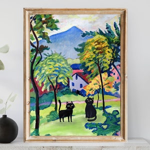 Zwei entzückende Katzen im August Macke Landschaftsbild, abstraktes Vintage Poster, Katzenposter, lustiges Katzenposter, digitaler Download