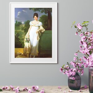 May include: A painting of a woman in a white dress standing in a garden. She is holding a bouquet of flowers and is wearing a shawl. The background is a green lawn with trees and a blue sky.