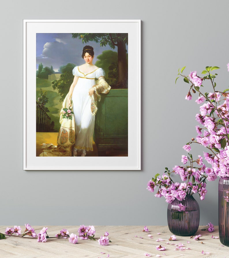 May include: A painting of a woman in a white dress standing in a garden. She is holding a bouquet of flowers and is wearing a shawl. The background is a green lawn with trees and a blue sky.